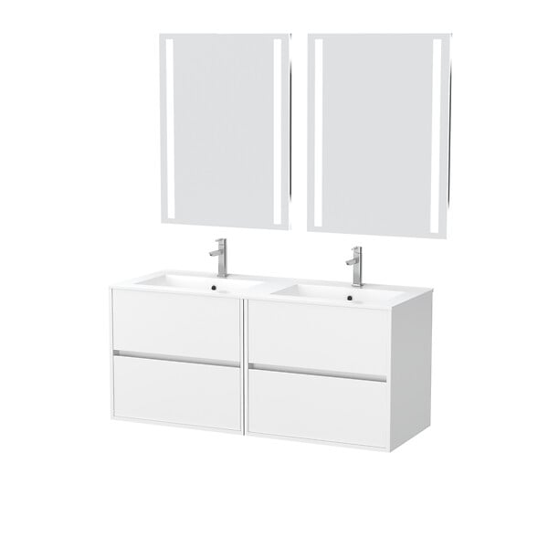 AURLANE - Meuble Salle de Bains 120 cm Laqué Blanc 4 Tiroirs, Vasque, Miroirs 60x80 à Leds intégrées - XENOS - large