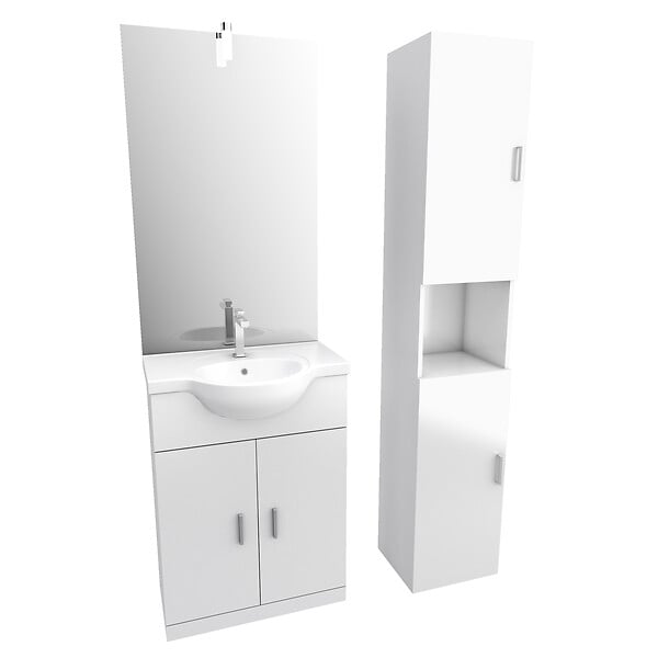 AURLANE - Ensemble de salle de bain blanc 60cm + vasque en céramique blanche + miroir LED + colonne 2 portes - large