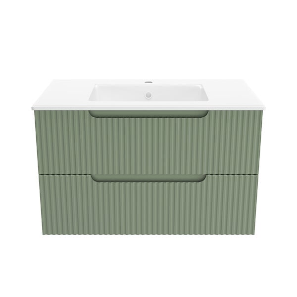 AURLANE - Meuble de Salle de Bains LEON 80cm Vert Olive - 2 Tiroirs en MDF Ondulés - Vasque à encastrer - large