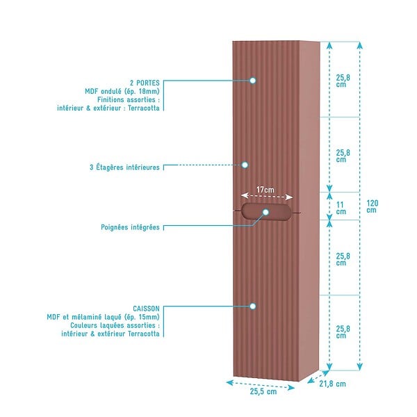 AURLANE - Meuble et colonne de Salle de Bains LEON 80cm Terracotta - Façades Ondulées - Vasque Blanche Mate - large
