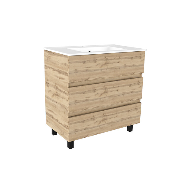 AURLANE - Meuble de salle de bains 80cm 3 Tiroirs_Chêne Naturel + Vasque céramique blanche - TIMBER 80 - large