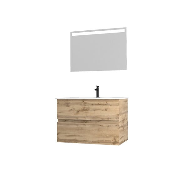 AURLANE - Pack Meuble SDB 80cm suspendu 2 tiroirs Chene_Vasque blanche + Miroir Led - TIMBER 80_Pack36 - large