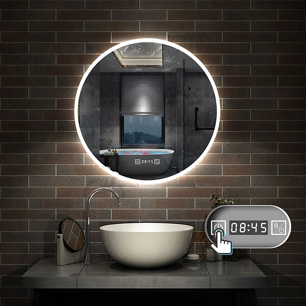 AICA SANITAIRE - Horloge LED rond anti-buée miroir de salle de bain tricolore tactile 70x70cm - large