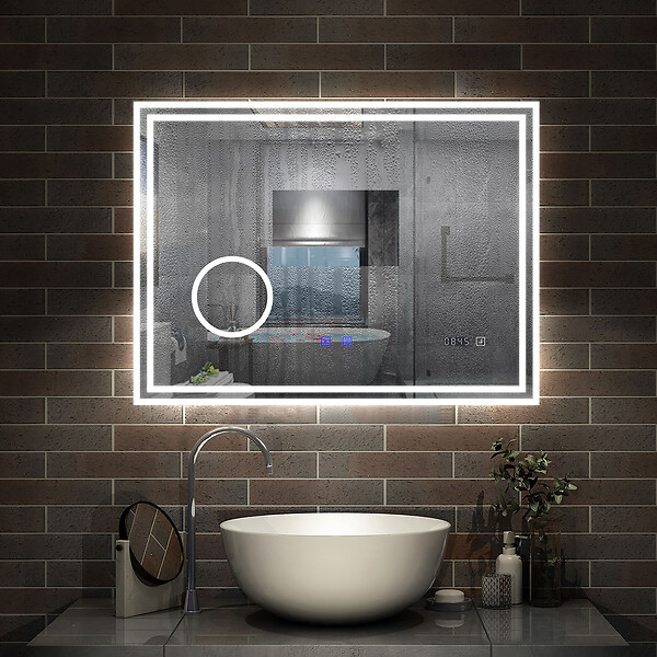 AICA SANITAIRE - Simple Bluetooth LED miroir de salle de bain tricolore tactile avec anti-buée et horloge et miroir grossissant 3x, suspendu horizontalement 160x80cm - large