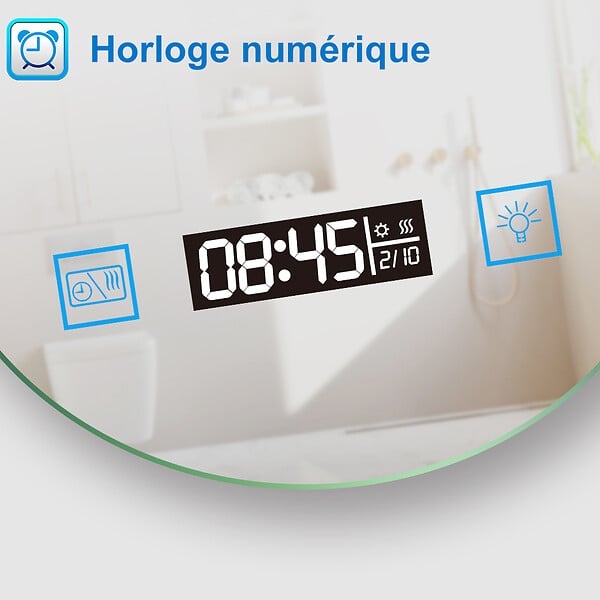 AICA SANITAIRE - AICA Miroir rond de salle de bain 80cm LED tricolore horloge + loupe + anti-buée + mémoire - large