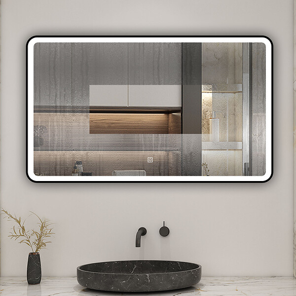 AICA SANITAIRE - AICA miroir de salle de bain LED 100x60cm avec cadre noir, tricolore + anti-buée + mémoire + gradation infinie - large