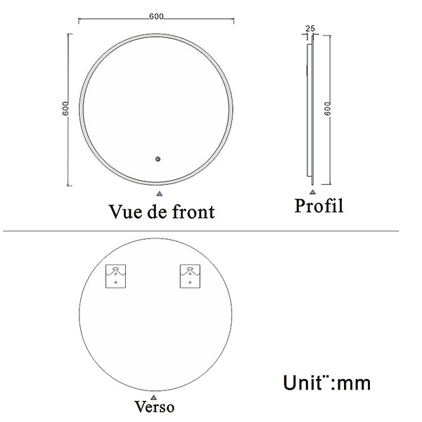AICA SANITAIRE - AICA Miroir Salle de Bain LED Rond Tactile Suspendu Vertical 60x60cm - large
