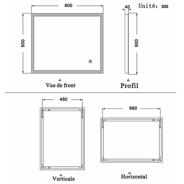 AICA SANITAIRE - Aica sanitaire 80x60cm Miroir de salle de bain lumineux LED avec anti-buée et interrupteur tactile intégré - large