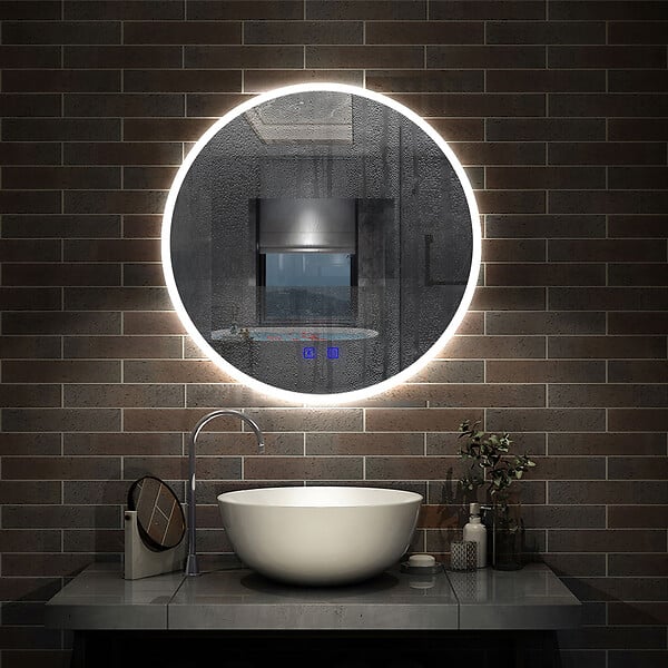 AICA SANITAIRE - Simple Bluetooth LED rond miroir de salle de bain tricolore tactile avec anti-buée 60x60cm - large