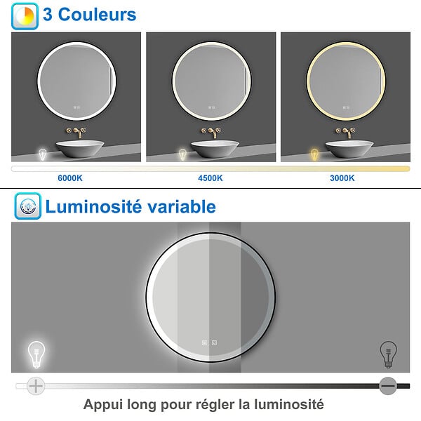 AICA SANITAIRE - AICA Miroir de salle de bain LED rond 80cm avec cadre noir, tricolore + anti-buée + mémoire + gradation infinie - large