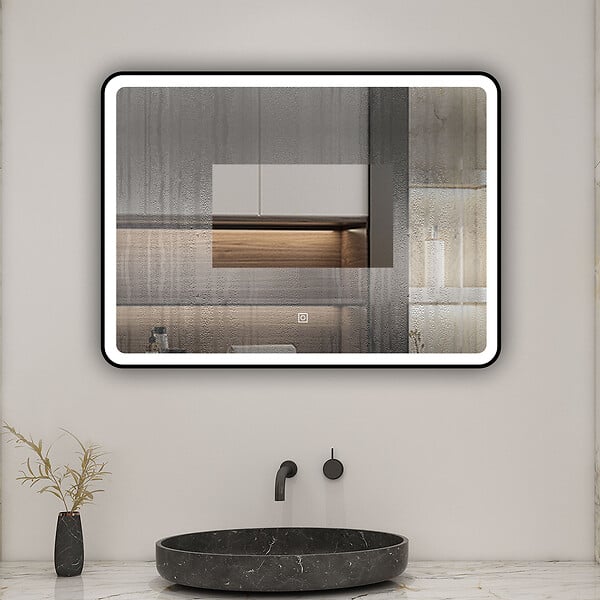 AICA SANITAIRE - AICA miroir de salle de bain LED 80x60cm avec cadre noir, tricolore + anti-buée + mémoire + gradation infinie - large