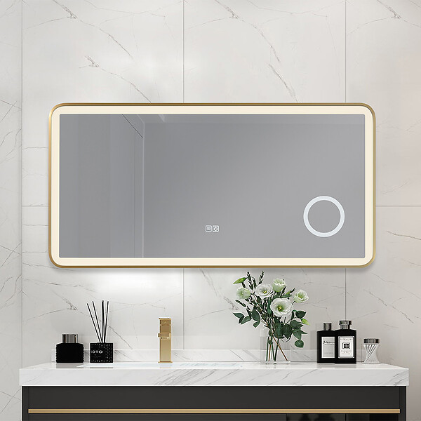 LUXURYBAIN - Miroir salle de bain LED 110x60cm  anti buée avec cadre en aluminium doré et loupe x3 LB-4685G - large