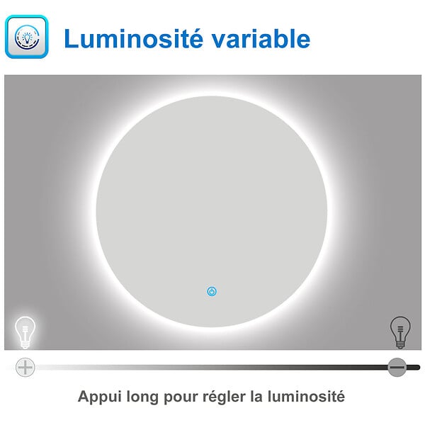AICA SANITAIRE - AICA Miroir LED rond sans cadre de 100cm, dimmable + mémoire + antibuée, IP44, horizontal/vertical, 6000k blanc froid - large