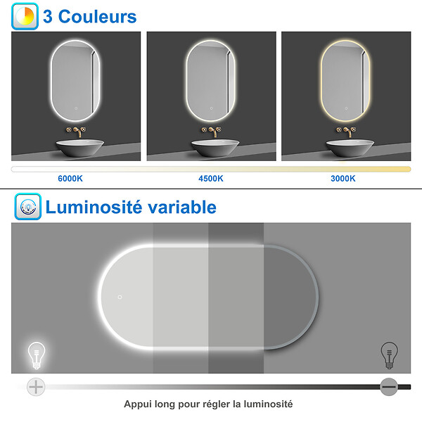 AICA SANITAIRE - AICA Miroir salle de bain LED 60x90cm tricolore + anti-buée + dimmable + mémoire - large