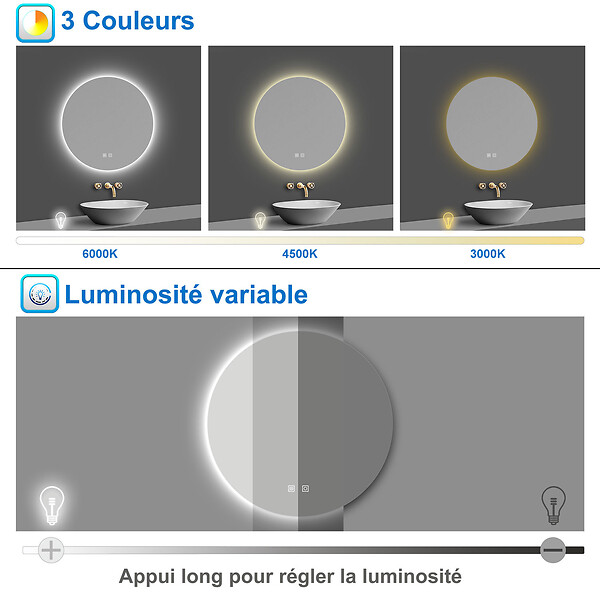 AICA SANITAIRE - AICA Miroir de salle de bain LED rond 60cm avec rétro-éclairage, tricolore + anti-buée + mémoire + gradation infinie - large