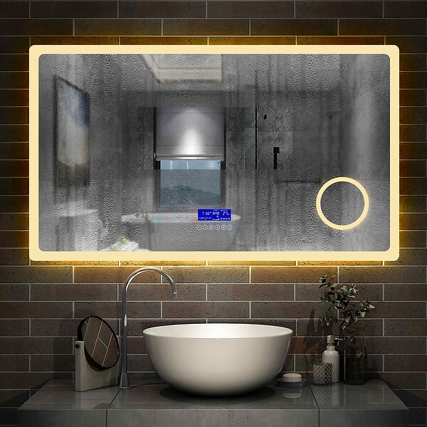 AICA SANITAIRE - AICA Miroir simple de salle de bain tricolore réglable LED avec bluetooth, anti-buée et miroir grossissant,horizontal 120*70cm - large