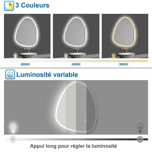 AICA SANITAIRE - AICA Miroir de salle de bain asymétrique 80x55cm led Teardrop Mirror 3 Colours Dimmable + Anti-buée + Mémoire - large