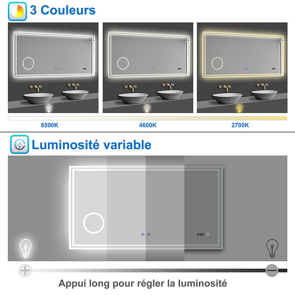 AICA SANITAIRE - AICA Miroir de salle de bain LED 120x70cm Tricolor anti-buée avec bluetooth simple, horloge et miroir grossissant 3x - large