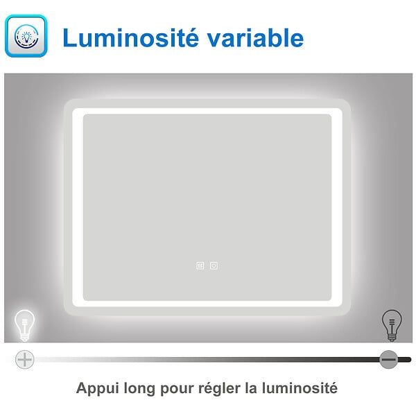 AICA SANITAIRE - AICA Miroir de salle de bain à LED, dimmable et mémoire, 80x60cm miroir lumineux anti-buée - large