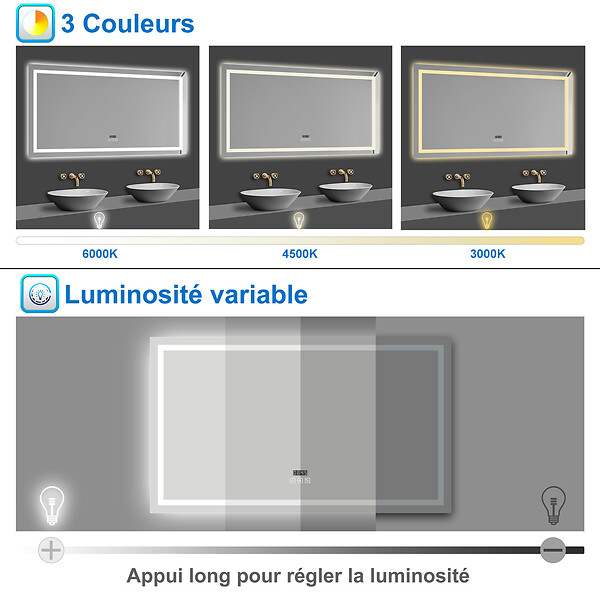 AICA SANITAIRE - AICA Miroir de salle de bain LED Bluetooth 120x70 cm, tricolore + horloge + mémoire + dimmable + anti-buée - large