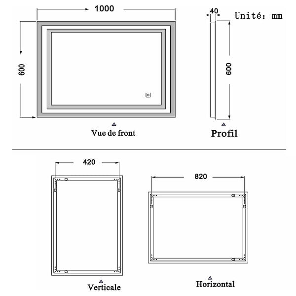 AICA SANITAIRE - Aica sanitaire Miroir simple de salle de bain lumineux LED avec anti-buée et interrupteur tactile intégré 100x60cm - large