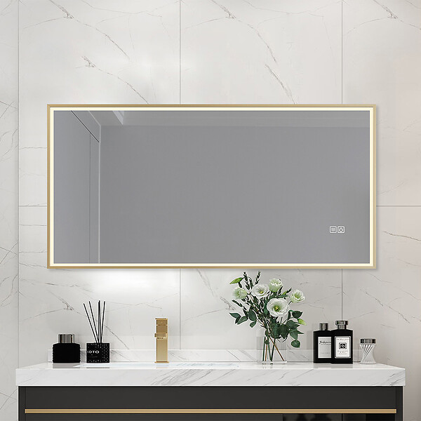 LUXURYBAIN - Miroir salle de bain LED 90x60cm anti buée avec cadre doré LB-126080G - large