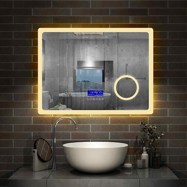 AICA SANITAIRE - AICA Miroir simple de salle de bain tricolore réglable LED avec bluetooth, anti-buée et miroir grossissant, horizontal 80*60cm - large