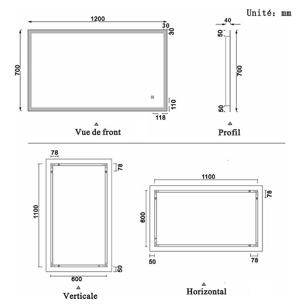 AICA SANITAIRE - Aica sanitaire 120x70cm Miroir de salle de bain lumineux LED avec anti-buée et interrupteur tactile intégré - large