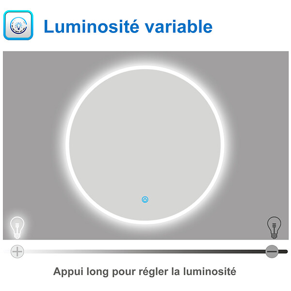 AICA SANITAIRE - AICA Miroir de salle de bain rond LED 60cm, dimmable + mémoire, IP44 - large