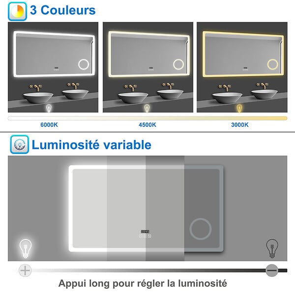 AICA SANITAIRE - AICA Miroir salle de bain bluetooth + loupe + horloge + tricolore + anti-buée 140x80cm dimmable,mémoire,tactile,led - large
