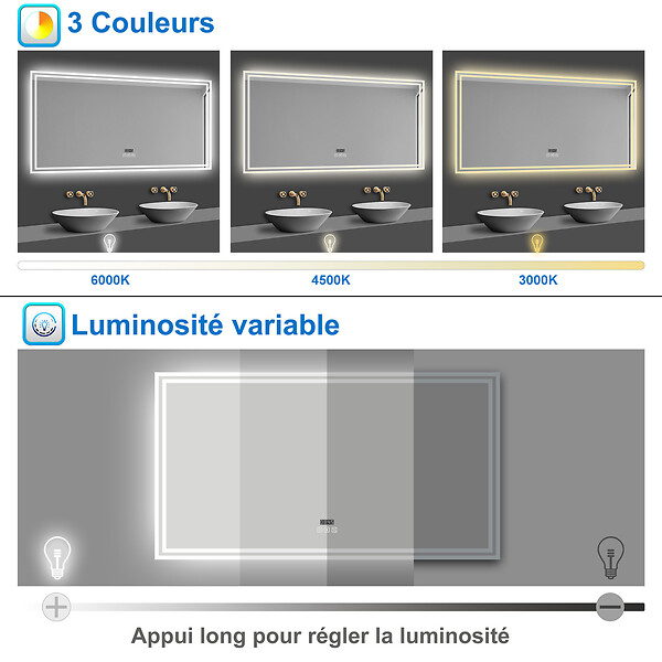 AICA SANITAIRE - AICA Miroir de salle de bain Bluetooth 100x60 cm, tricolore + horloge + mémoire + dimmable + anti-buée, IP44 Miroir LED - large