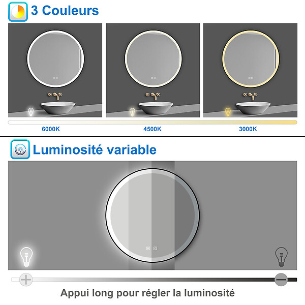 AICA SANITAIRE - AICA Miroir de salle de bain LED rond 70cm avec cadre noir, tricolore + anti-buée + mémoire + gradation infinie - large