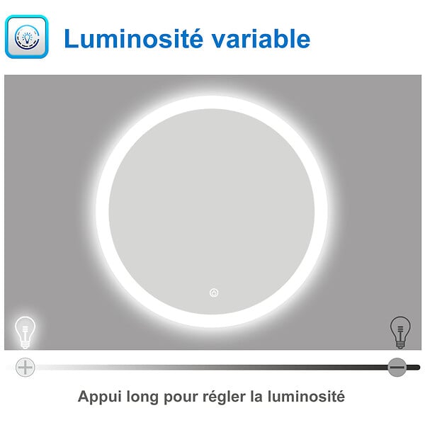 AICA SANITAIRE - AICA Miroir LED rond de 60cm, dimmable + mémoire + antibuée, avec interrupteur tactile, 6000k blanc froid - large