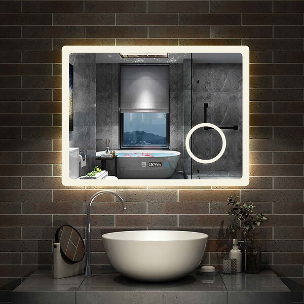 AICA SANITAIRE - AICA Miroir salle de bain à horloge LED tricolore réglable avec miroir anti-buée et grossissant,horizontal 120*70cm - large