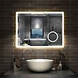 AICA SANITAIRE - AICA Miroir salle de bain à horloge LED tricolore réglable avec miroir anti-buée et grossissant,horizontal 120*70cm - vignette