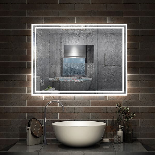 AICA SANITAIRE - Simple Bluetooth LED miroir de salle de bain tricolore tactile avec antibuée et horloge, 80x60cm horizontalement - large