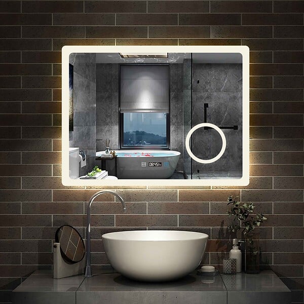 AICA SANITAIRE - AICA Miroir salle de bain à horloge LED tricolore réglable avec miroir anti-buée et grossissant,horizontal 100*60cm - large