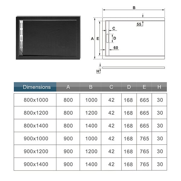 AICA SANITAIRE - AICA Receveur de douche 160x80cm antidérapant noir anthracite LMR8016 - large
