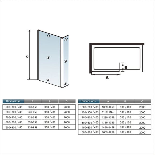 AICA SANITAIRE - AICA paroi de douche industrielle noire 100x200cm avec un retour pivotant 40cm livré avec une barre de stabilisation 90cm - large