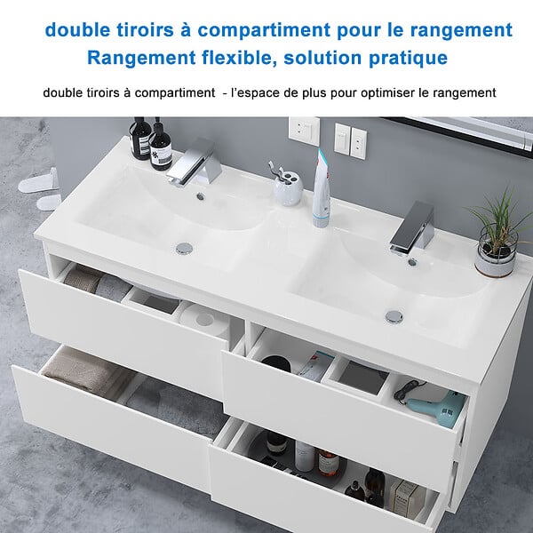 AICA SANITAIRE - Aica Sanitaire 120(L)x46(P)x52(H)cm Meuble salle de bain blanc avec 4 tiroirs à une fermeture amortie avec deux vasques à suspendre - large