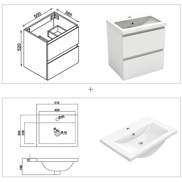 AICA SANITAIRE - AICA Ensemble meuble vasque L.50cm 2 tiroirs + lavabo + LED miroir rond 60cm + colonne,blanc easy - large