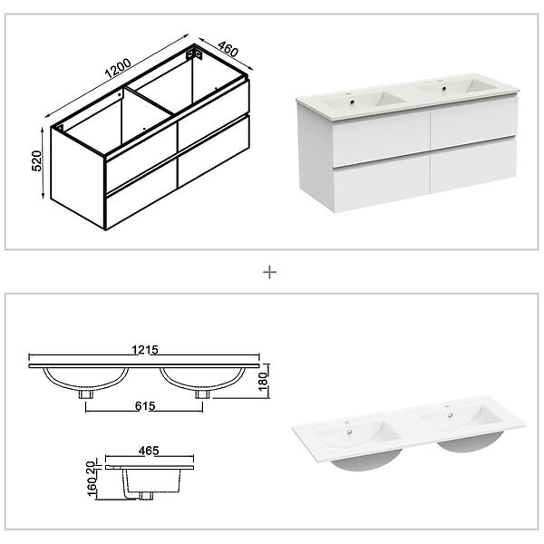AICA SANITAIRE - AICA Ensemble meuble double vasque L.120cm + lavabo + LED miroir + 2*colonne,blanc - large