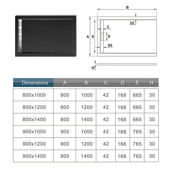 AICA SANITAIRE - Receveur de douche 120x80cm Extra-plat bac à douche noir, avec grille en inox et bonde de série - large
