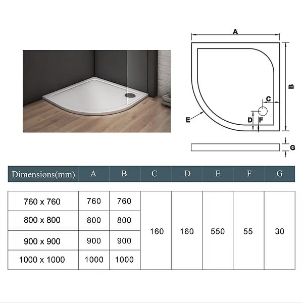 AICA SANITAIRE - Receveur de douche blanc quart de cercle 90x90cm - large