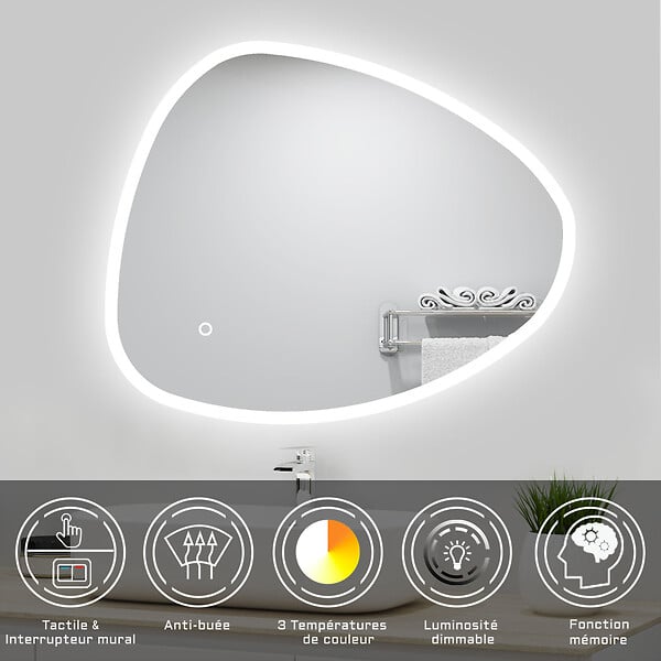 AICA SANITAIRE - Meubles simple vasque 80cm vasque + miroir 3 couleurs lumineux Blanc - large