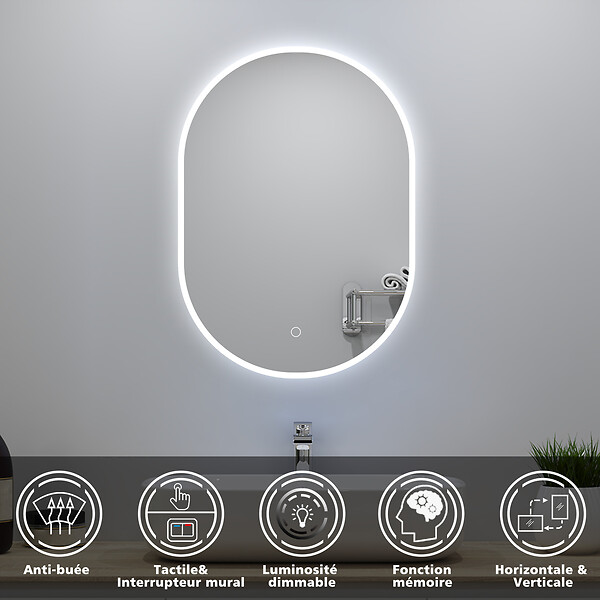AICA SANITAIRE - Meubles simple vasque 60cm vasque + miroir lumineux Anthracite - large