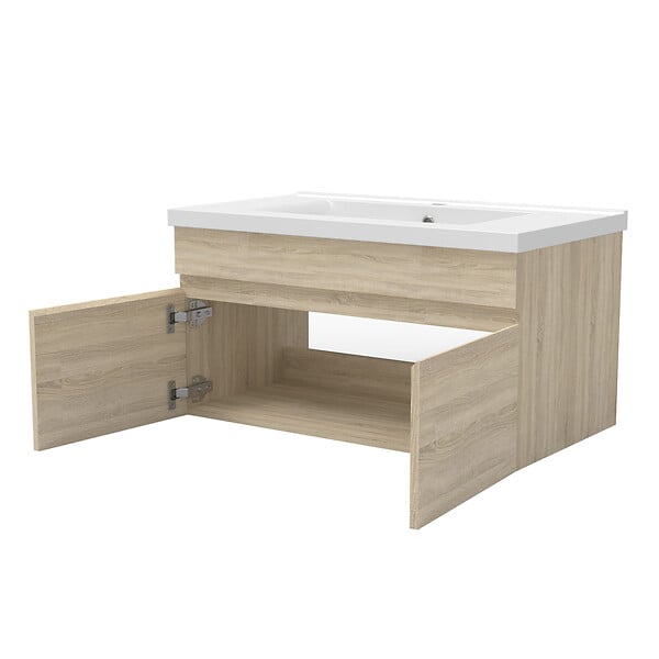 AICA SANITAIRE - Meuble simple vasque 60cm avec colonne et miroir lumineux chêne wotan - large