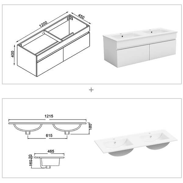 AICA SANITAIRE - AICA Ensemble meuble 120 cm blanc, lavabo céramique + colonne haute + Miroir salle de bain Bluetooth avec 3 couleurs dimmable, suspendu - large