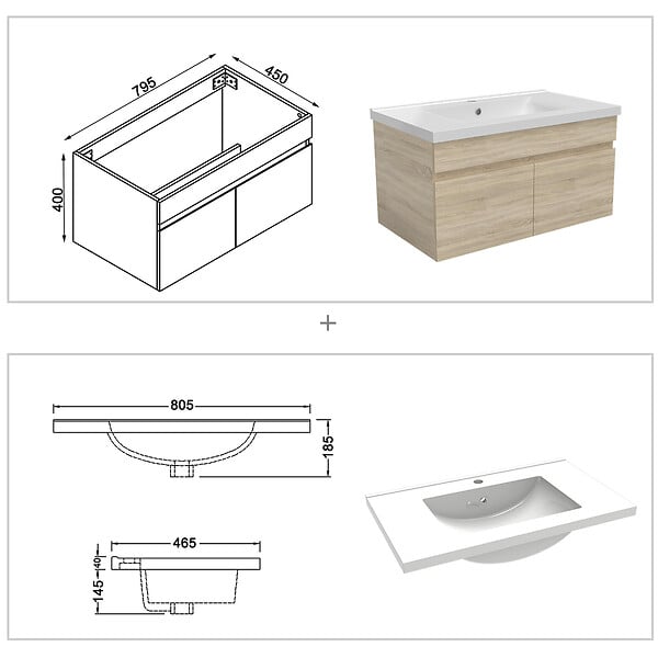 AICA SANITAIRE - AICA Ensemble meuble 80 cm Chêne Wotan, lavabo céramique + colonne haute + Miroir salle de bain Bluetooth avec 3 couleurs dimmable, suspendu - large