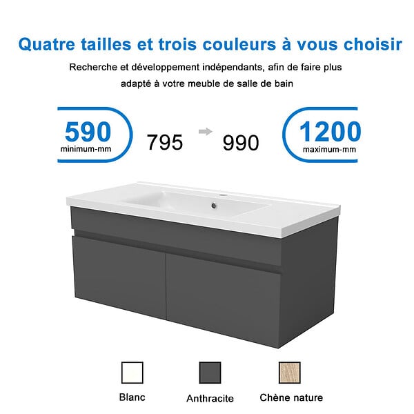 AICA SANITAIRE - Aica Sanitaire 99(L)x45(W)x40cm(H)cm Meuble salle de bain anthtacite 2 portes avec une vasque à suspendre - large